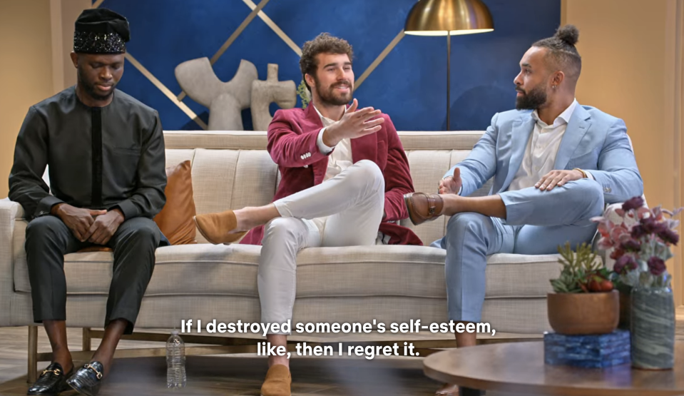 SK, Cole, and Bartise with caption, "If I destroyed someone's self-esteem, like, than I regret it"