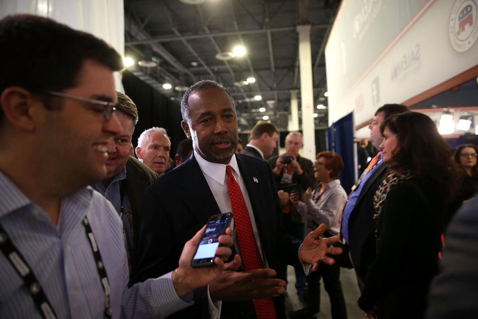 Republican presidential candidate Ben Carson speaks with members of the media before the start of the CNN Republican presidential debate.&nbsp;