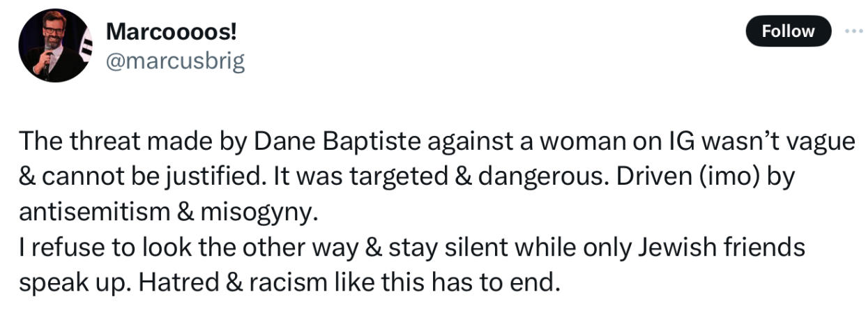 Marcus Brigstocke condemned the post as ‘racism’. (X)