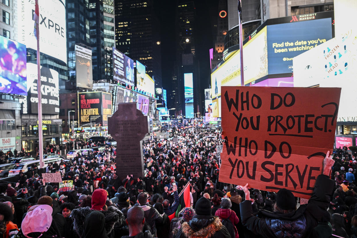 People gather at Times Square in New York on Jan. 28 to protest against the police assault of Tyre Nichols. 