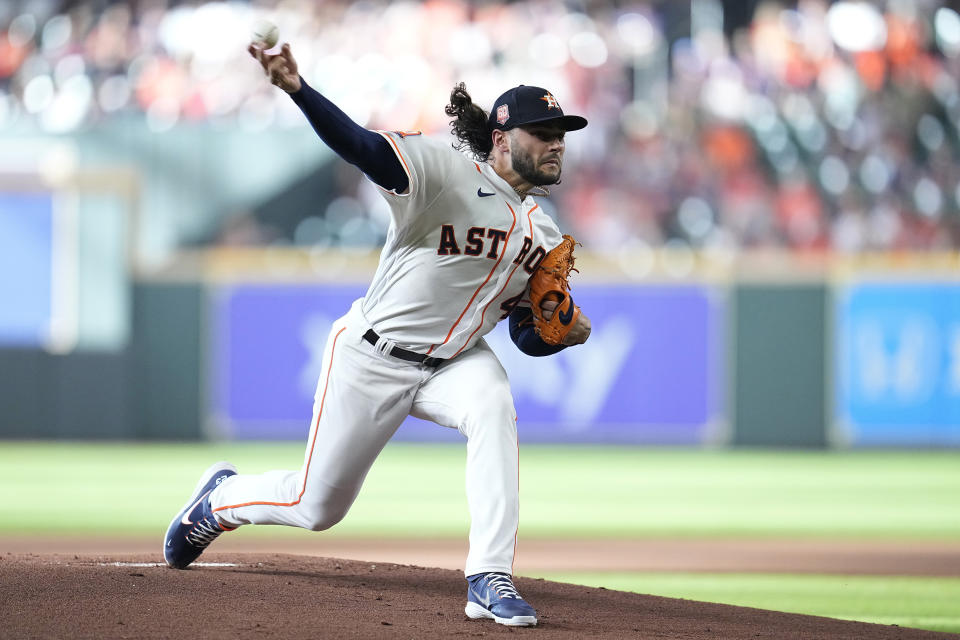 Houston Astros starting pitcher Lance McCullers Jr. delivers during the first inning of a baseball game against the Oakland Athletics, Saturday, Aug. 13, 2022, in Houston. (AP Photo/Kevin M. Cox)