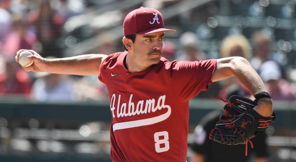 Mar 30, 2024; Tuscaloosa, Alabama, USA; Alabama pitcher Tyler Fay (8) pitches in relief at Sewell-Thomas Stadium in the final game of the weekend series. South Carolina held on for a 9-8 victory.