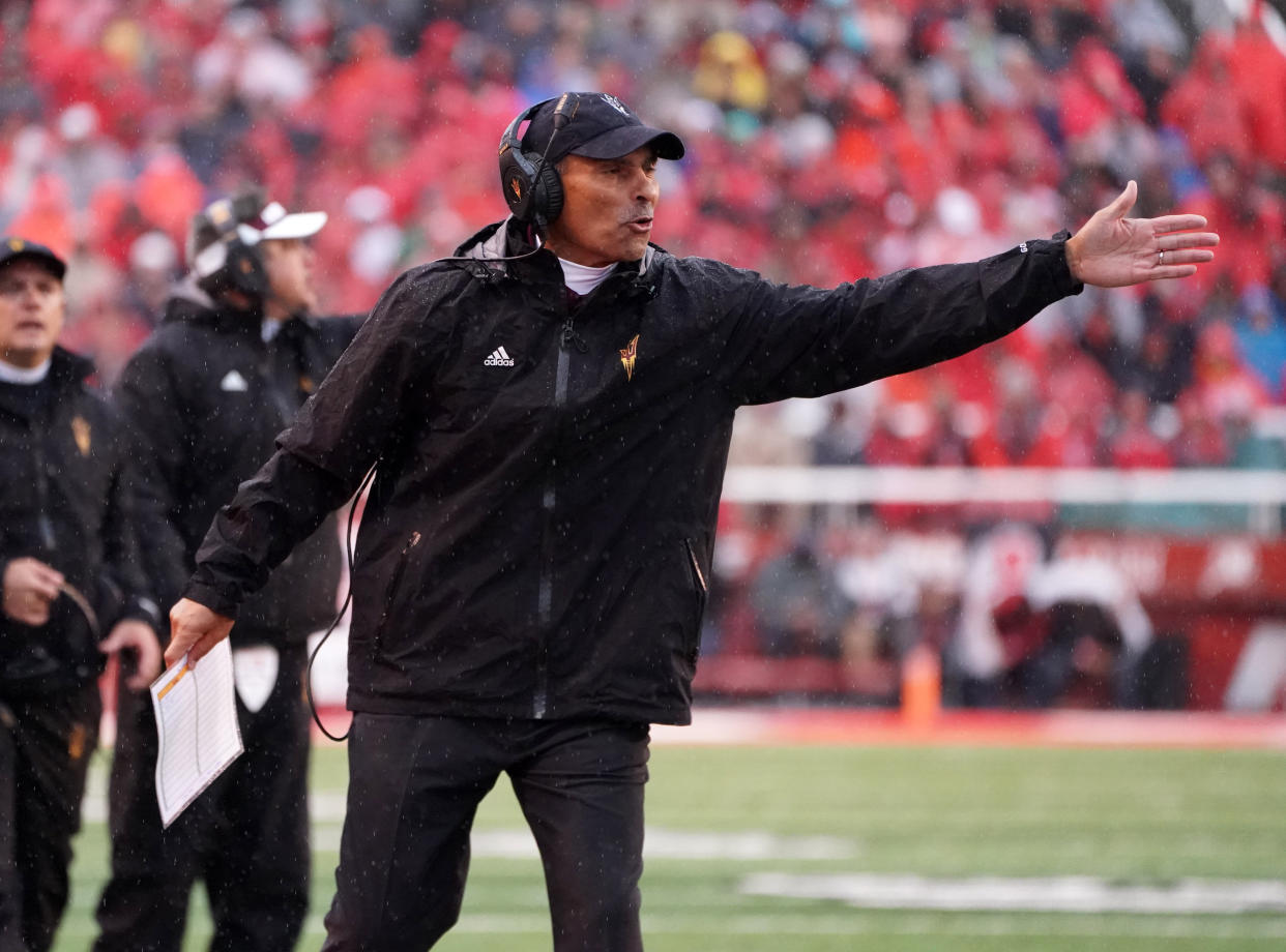 Oct 19, 2019; Salt Lake City, UT, USA; Arizona State Sun Devils head coach Herm Edwards reacts in the first quarter against the Utah Utes at Rice-Eccles Stadium. Mandatory Credit: Kirby Lee-USA TODAY Sports