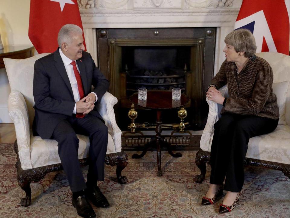 Prime Minister Theresa May with Turkish Prime Minister Binali Yildirim at Downing Street (PA)