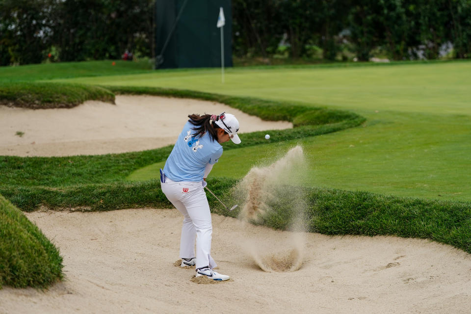Mi Hyang Lee of South Korea plays a shot from a bunker on the 12th hole during the first round of the Kroger Queen City Championship presented by P&G at Kenwood Country Club on September 07, 2023 in Cincinnati, Ohio. (Photo by Dylan Buell/Getty Images)