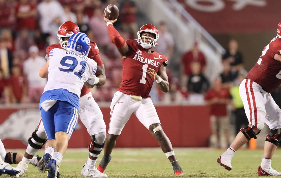 <span>The 6-foot-3, 247-pound senior will try to inspire the Razorbacks in a tough environment, just a week after blowing a two-possession, second-half lead to BYU. He did throw his first interception of the season against the Cougars, but still managed to pass for 247 yards and a touchdown. He has thrown for 629 yards and six touchdowns on the season.</span>