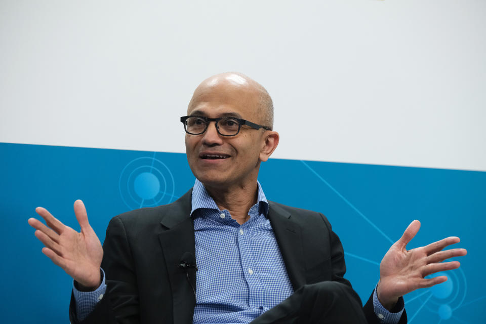 BERLIN, GERMANY - FEBRUARY 27: Satya Nadella, CEO of Microsoft, speaks with Herbert Diess, CEO of Volkswagen AG, (not pictured) at a "fireside chat" to the media about a joint project between the two companies called the Volkswagen Automotive Cloud on February 27, 2019 in Berlin, Germany. Microsoft is working with several automakers to advance the carmakers' digitalization.  (Photo by Sean Gallup/Getty Images)