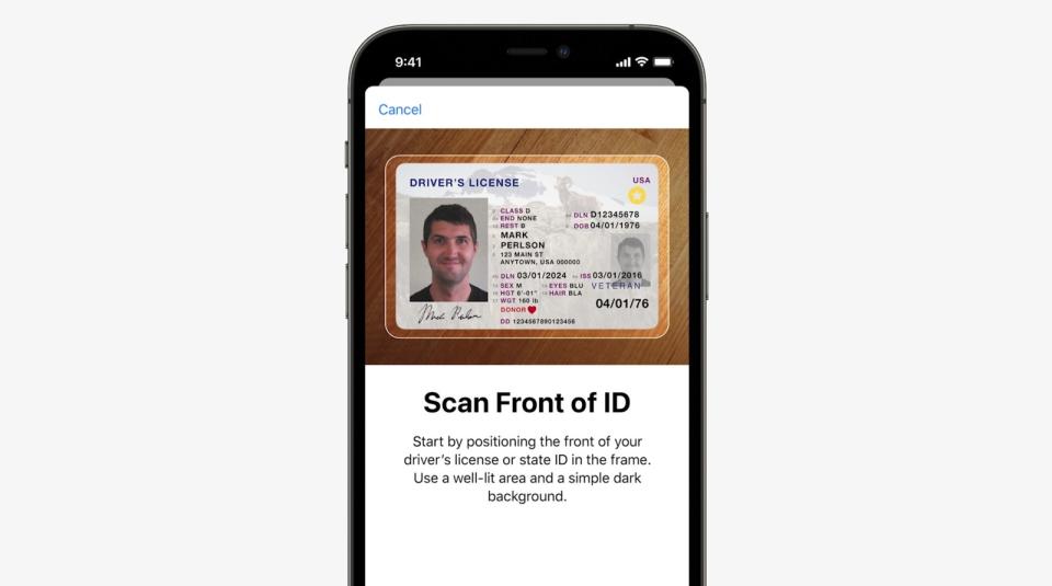 Scanning a driver’s license in Apple Wallet on iPhone. - Credit: Apple Inc.