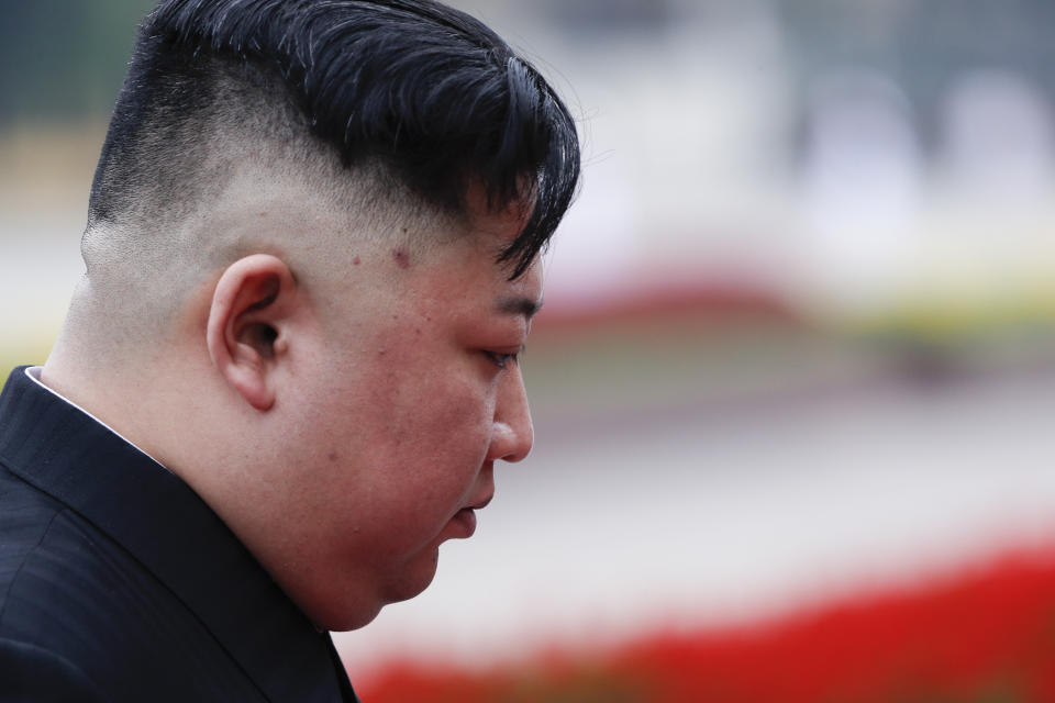 North Korean leader Kim Jong Un attends wreath laying ceremony at Ho Chi Minh Mausoleum in Hanoi, Vietnam Saturday, March 2, 2019. Kim paid his respects Saturday to Vietnamese revolutionary leader Ho Chi Minh, whose embalmed body is on permanent display, just like Kim's own father and grandfather in North Korea. (Jorge Silva/Pool Photo via AP)