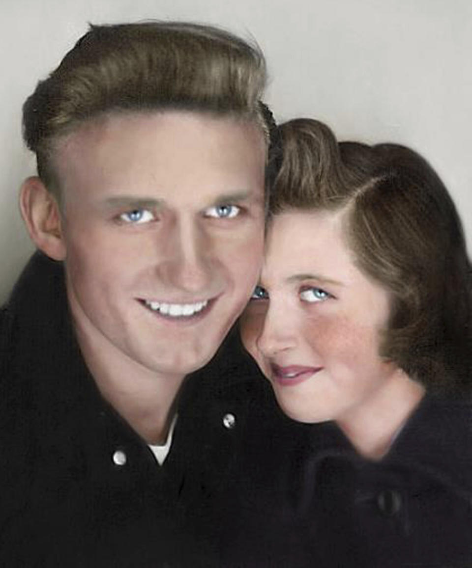 In this photo provided by John Pijanowski, Pijanowski's parents Don and Kate Pijanowski pose in a picture booth photo taken near Lake Erie in 1949. Relatives gathered around Kate Pijanowski when she died of lung disease in 2007, but Don Pijanowski couldn't be surrounded by family when he died of COVID-19 on April 1, 2020, in Buffalo, N.Y. (John Pijanowski via AP)