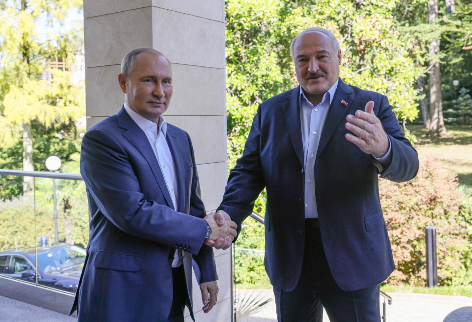Russian President Vladimir Putin greets his Belarusian counterpart Alexander Lukashenko during a recent meeting.