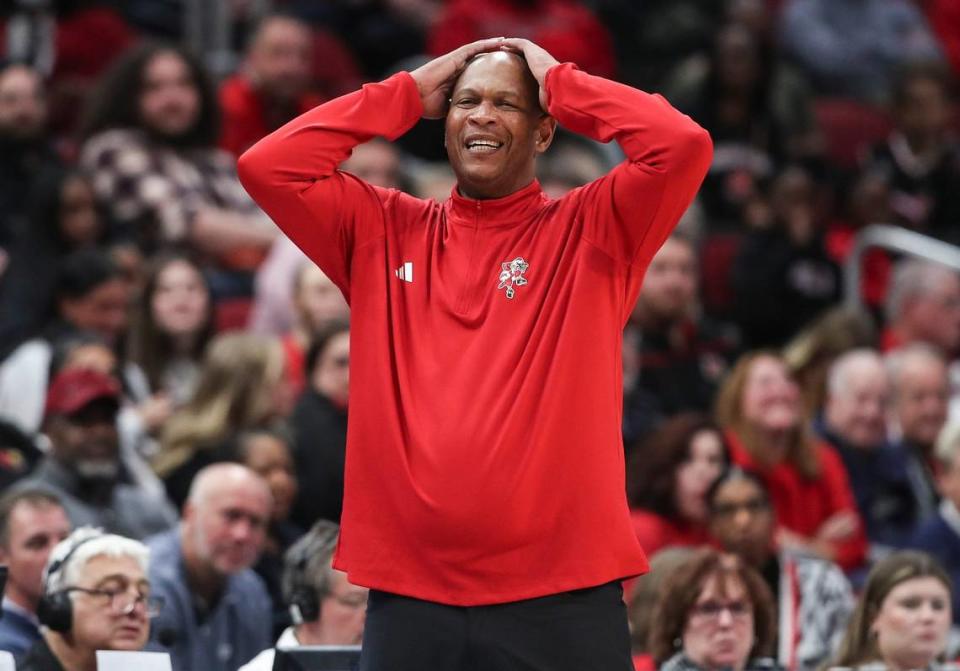 Louisville men’s basketball head coach Kenny Payne reacts in frustration during a U of L game against Bellarmine at the KFC Yum! Center in November 2023.