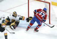 Montreal Canadiens' Josh Anderson scores past Vegas Golden Knights goaltender Marc-Andre Fleury during overtime in Game 3 of an NHL hockey semifinal series, Friday, June 18, 2021, in Montreal. (Paul Chiasson/The Canadian Press via AP)