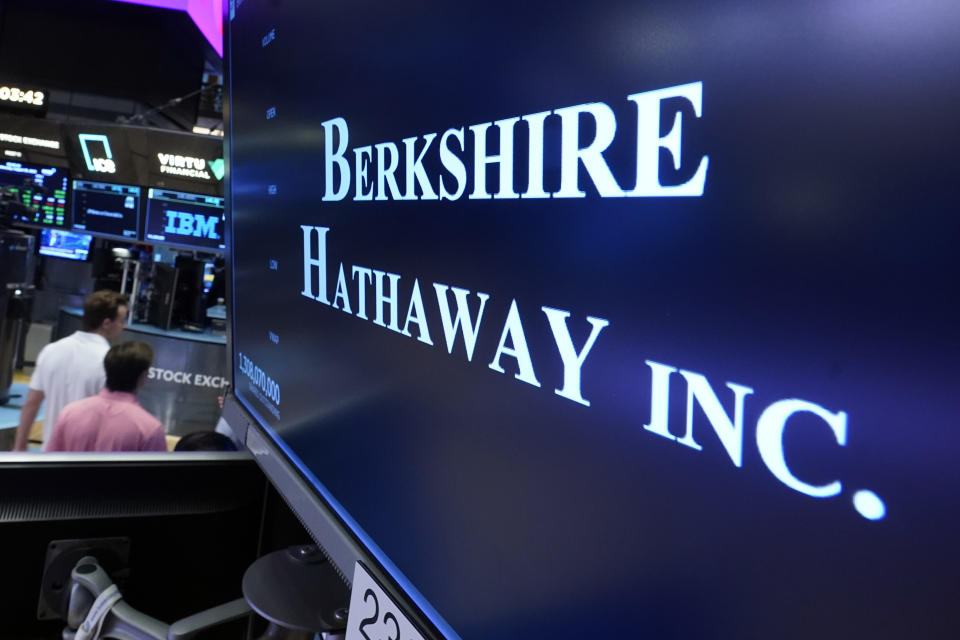 FILE - The logo for Berkshire Hathaway Inc. is displayed at a trading post on the floor of the New York Stock Exchange, Aug. 30, 2023. The U.S. government has threatened to sue a unit of Warren Buffett’s Berkshire Hathaway to recover nearly $1 billion of costs related to the wildfires in 2020 in southern Oregon and northern California. The potential lawsuits were disclosed in an annual report filed by PacifiCorp’s parent company, Berkshire Hathaway Energy on Monday, Feb 26, 2024. (AP Photo/Richard Drew, File)
