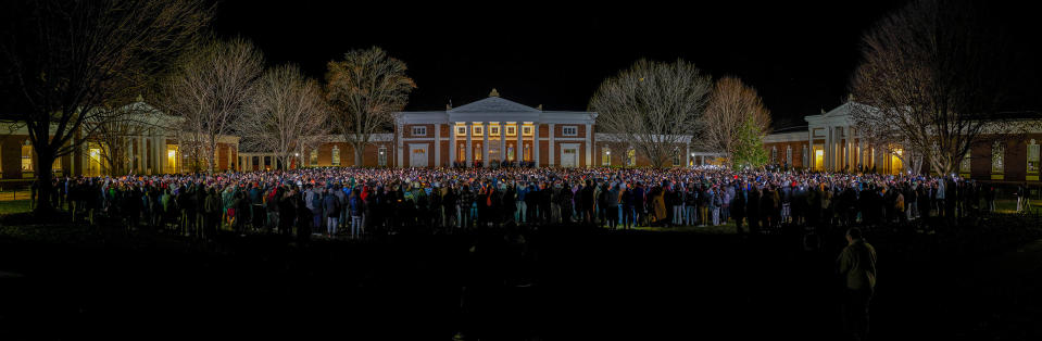Thousands of students gather together on the University of Virginia's South Lawn on Nov. 14 for a moment of silence to honor the three students killed—Devin Chandler, Lavel Davis Jr., and D’Sean Perry—and two wounded in a shooting on Nov. 13.<span class="copyright">Justin Ide</span>