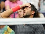 Aug 31, 2018; New York, NY, USA; Fernando Verdasco of Spain between games playing Juan Martin del Potro of Argentina (not pictured) in a third round match on day five of the 2018 U.S. Open tennis tournament at USTA Billie Jean King National Tennis Center. Mandatory Credit: Robert Deutsch-USA TODAY Sports