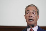 Britain's Reform UK leader Nigel Farage speaks to the media during a press conference in central London, Friday June 14, 2024, while on the General Election campaign trail. (James Manning/PA via AP)