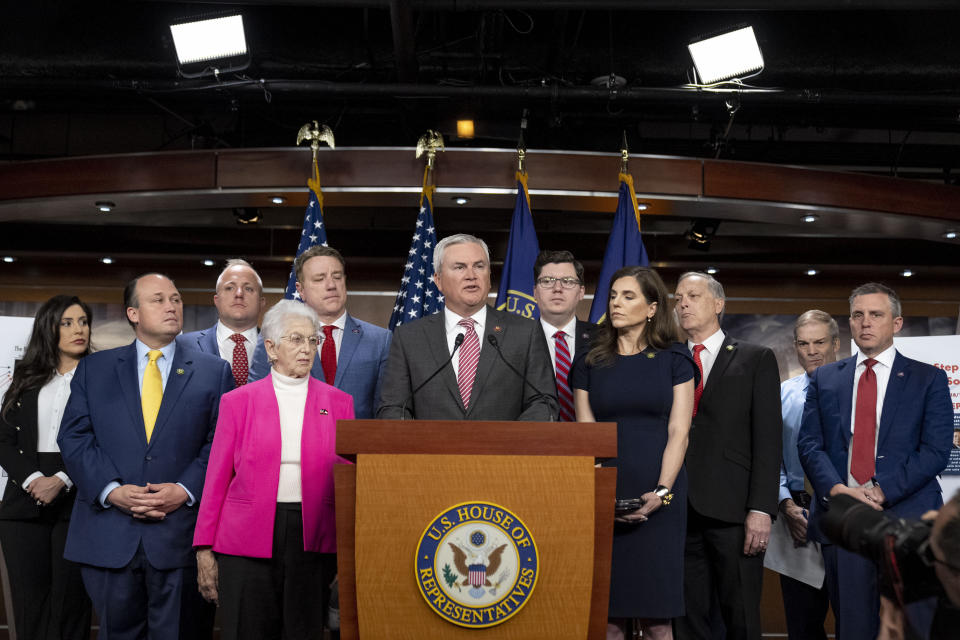 FILE - House Committee on Oversight and Accountability Chairman Rep. James Comer Jr., R-Ky., center, accompanied by House Republicans, speaks during a news conference on their investigation into the Biden family on Capitol Hill in Washington, Wednesday, May 10, 2023. (AP Photo/Andrew Harnik, File)
