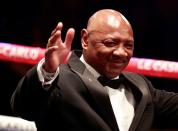 Former boxing world champion Hagler waves before a WBA Middleweight World Championship match between Golovkin of Kazakhstan and Ishida of Japan in Monte Carlo