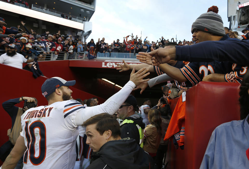 Chicago Bears quarterback Mitchell Trubisky (10) greets fans after a game against the 49ers last season. (AP)