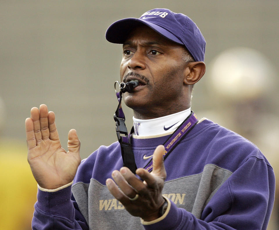 FILE - Washington coach Tyrone Willingham directs his team during a football practice Tuesday, Nov. 13, 2007, in Seattle. Willingham retired back in 2008, yet he has seen just a few Black men receive the kind of elite opportunity he got when he was hired as Notre Dame’s first Black head football coach more than two decades ago. That’s why he was encouraged when Michigan hired Sherrone Moore to replace Jim Harbaugh. (AP Photo/Elaine Thompson, File)