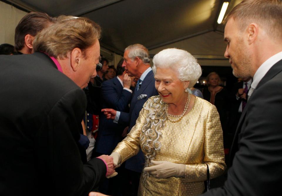 The Queen with Andrew Lloyd Webber and Gary Barlow backstage at the Diamond Jubilee concert in 2012 (Getty Images)