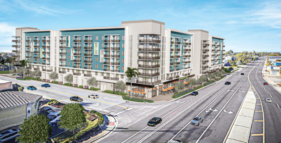 This artist's rendering shows Avery Eau Gallie looking west down Eau Gallie Boulevard, with Starbucks in the lower left corner.