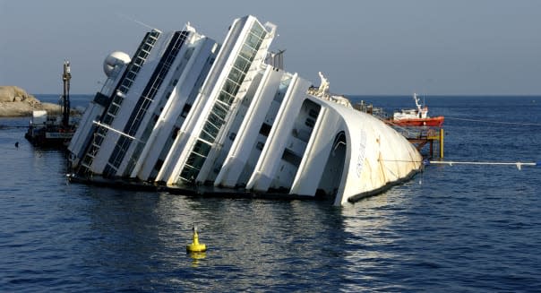 Costa Concordia lying on its side next to Giglio Island, Tuscan Archipelago, Italy - PREPARATIONS FOR ITS REMOVAL