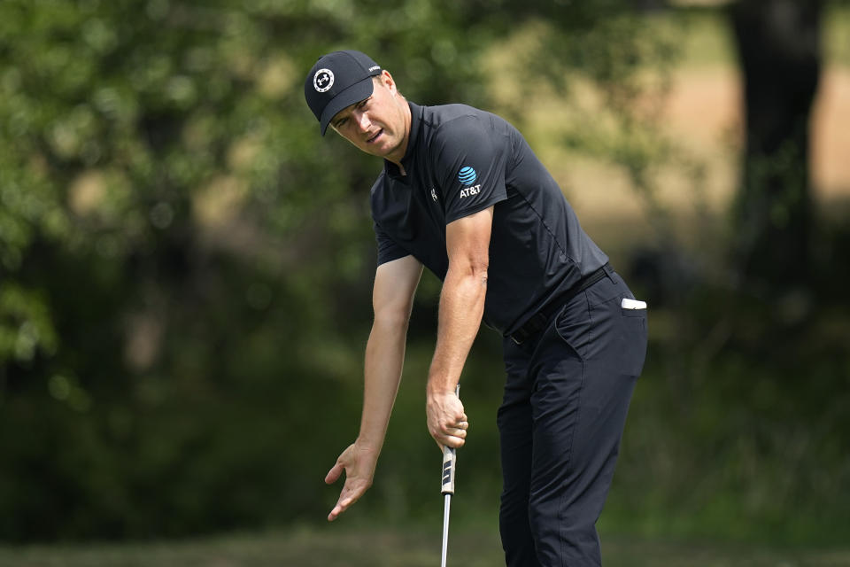 Jordan Spieth reacts to his putt on the 13th hole during the third round of the Texas Open golf tournament, Saturday, April 6, 2024, in San Antonio. (AP Photo/Eric Gay)