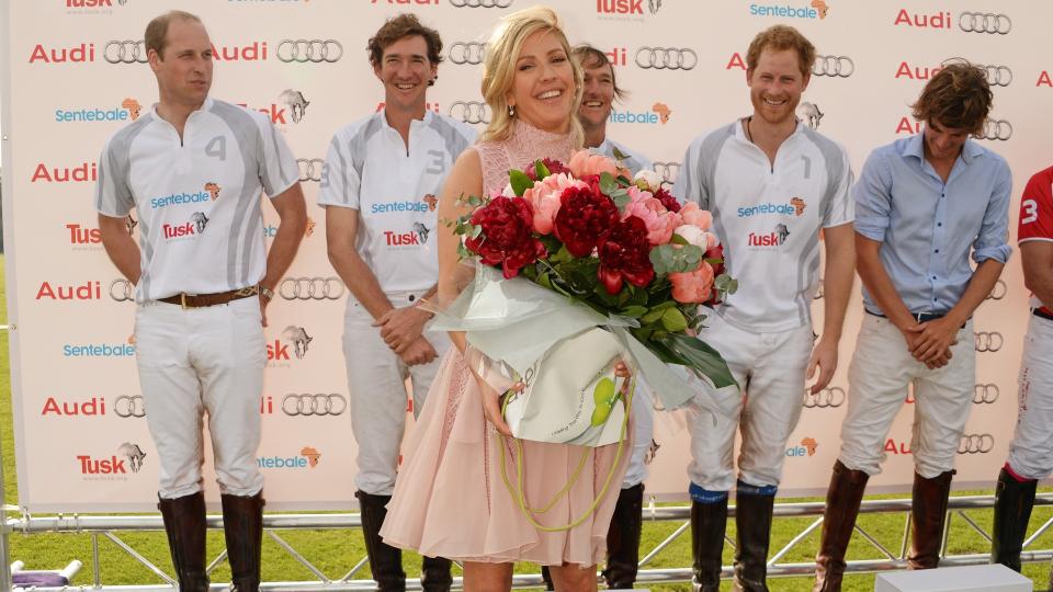 Ellie Goulding with Princes William and Harry and others at a Polo match