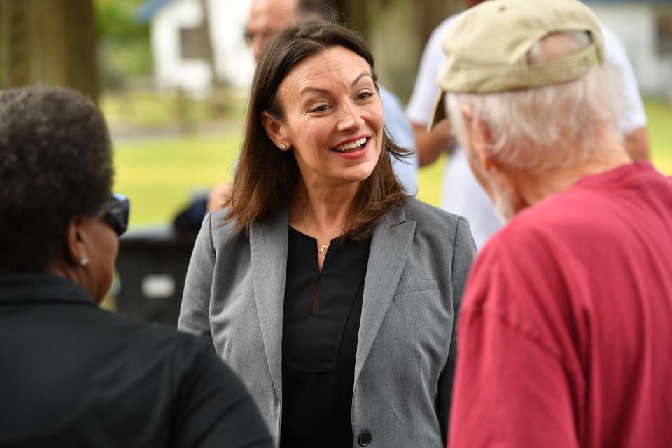 Florida Commissioner of Agriculture and candidate for Governor, Nikki Fried speaks to supporters following a press conference Thursday in Sarasota where she addressed affordability for seniors in Florida.