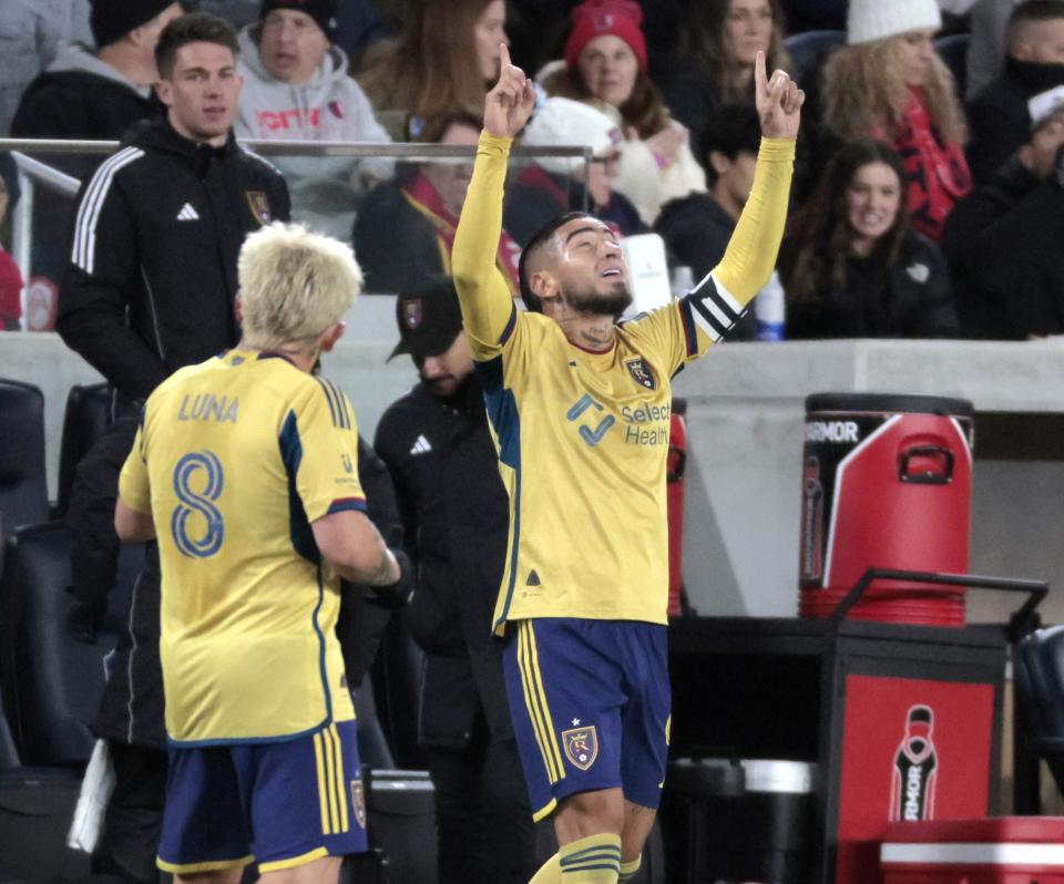 Real Salt Lake forward Cristian Arango, right, looks skyward after scoring in the second half of an MLS soccer match against St. Louis City SC, Saturday, Feb. 24, 2024, St. Louis. (Laurie Skrivan/St. Louis Post-Dispatch via AP)