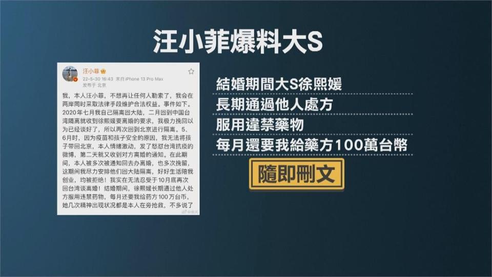 汪小菲控大S長期服違禁藥　S媽：他太讓我傷心