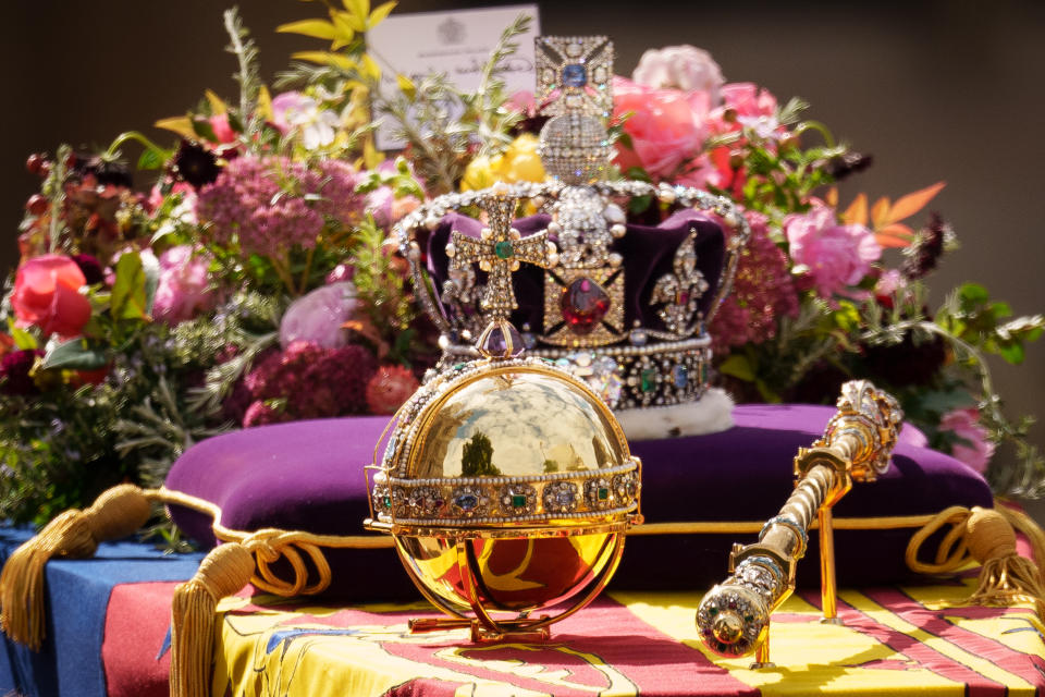 LONDON, ENGLAND - SEPTEMBER 19: The coffin of Queen Elizabeth II with the Imperial State Crown resting on top, borne on the State Gun Carriage of the Royal Navy departs Westminster Abbey on September 19, 2022 in London, England. Elizabeth Alexandra Mary Windsor was born in Bruton Street, Mayfair, London on 21 April 1926. She married Prince Philip in 1947 and ascended the throne of the United Kingdom and Commonwealth on 6 February 1952 after the death of her Father, King George VI. Queen Elizabeth II died at Balmoral Castle in Scotland on September 8, 2022, and is succeeded by her eldest son, King Charles III. (Photo by Christopher Furlong/Getty Images)