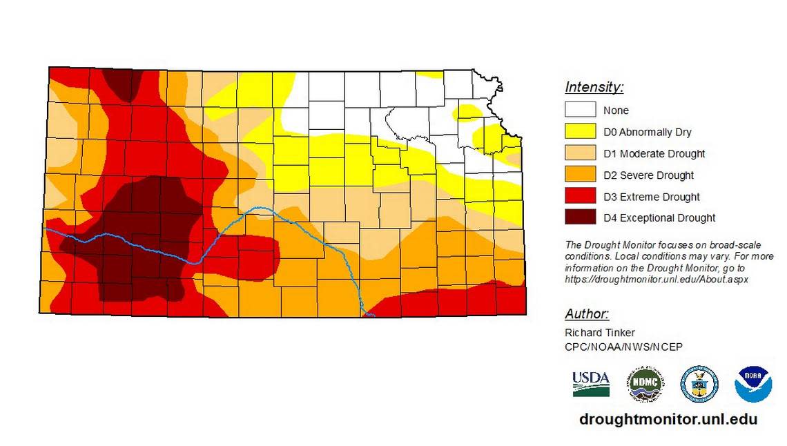 This map shows how drought covers roughly three-fourths of Kansas. Some parts of western Kansas have been experiencing extreme or exceptional drought since the beginning of this year.