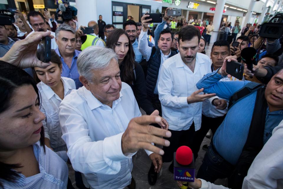 Mexican president Andrés Manuel López Obrador arrives at the Tijuana Abelardo L. Rodriguez International Airport Saturday afternoon. López Obrador is visiting the border city to attend an event celebrating an agreement with the United States that ended the Trump administration's threat of imposing tariffs on all Mexican imports.