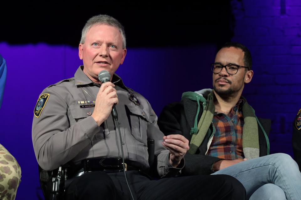 Oklahoma City Police Chief Wade Gourley speaks as police and community leaders meet in 2023 at the Tower Theatre for a forum following the death of Tyre Nichols in Memphis. At right is Oklahoma City Councilperson James Cooper.