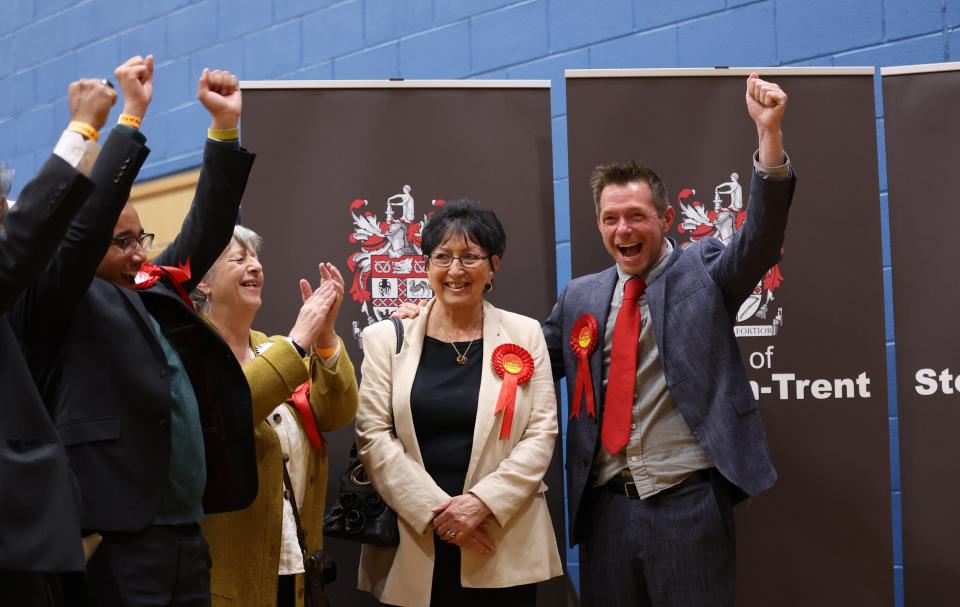Joan Bell of Labour celebrates with David Williams after winning Sanford Hill during the Stoke On Trent Election Count And Declaration on 5 May 2023 in Stoke on Trent, England (Getty Images)