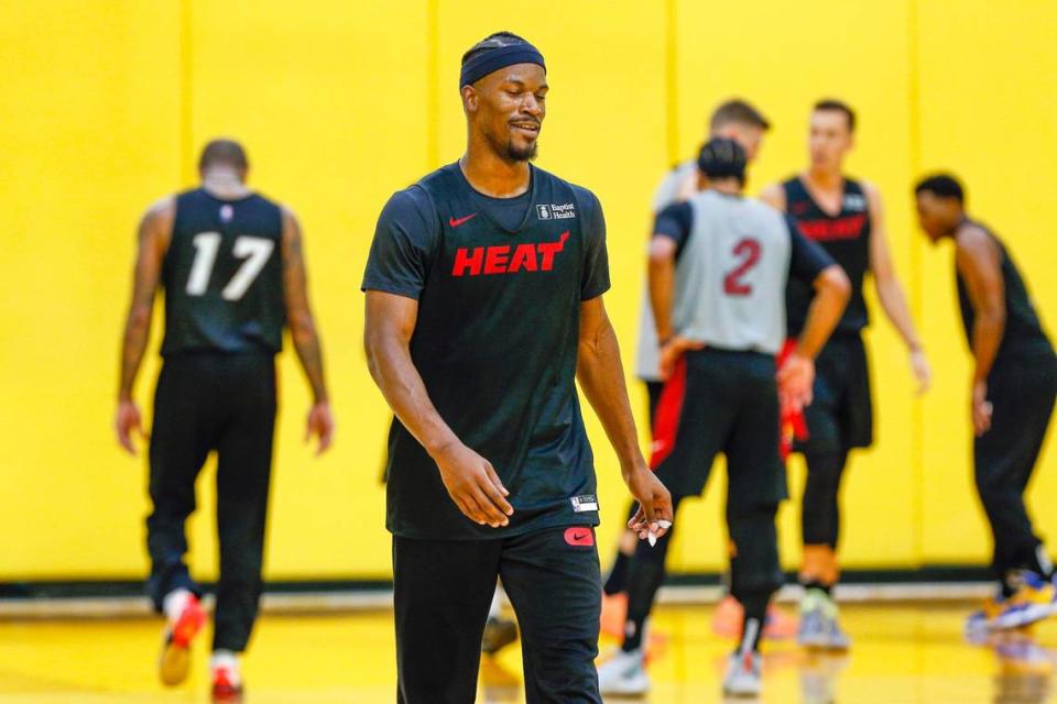 Miami Heat forward Jimmy Butler (22) reacts during a practice scrimmage in front of kids from Miami Dynasty Basketball Camp at FTX Arena in Miami on October 1, 2021.