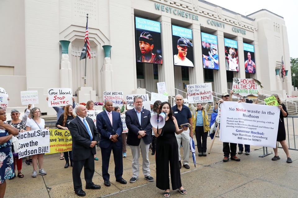 Emily Skydel, an organizer with Food and Water Watch, speaks at a rally urging Gov. Kathy Hochul to sign a bill that would make it illegal for Holtec International to discharge radioactive waste in the Hudson River August 15, 2023 at Westchester County Center in White Plains.