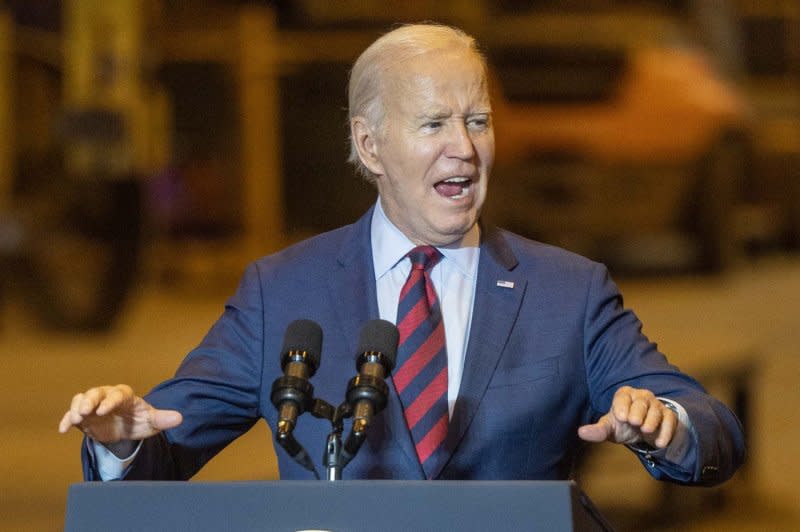 In Philadelphia on Thursday, President Joe Biden makes a point as he discuses his economic plan for job creation and clean-energy efforts. Photo by Laurence Kesterson/UPI