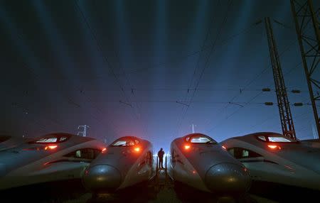 China Railway High-speed Harmony bullet trains are seen at a high-speed train maintenance base in Wuhan, Hubei province, China in this March 9, 2015 file photo. REUTERS/Stringer