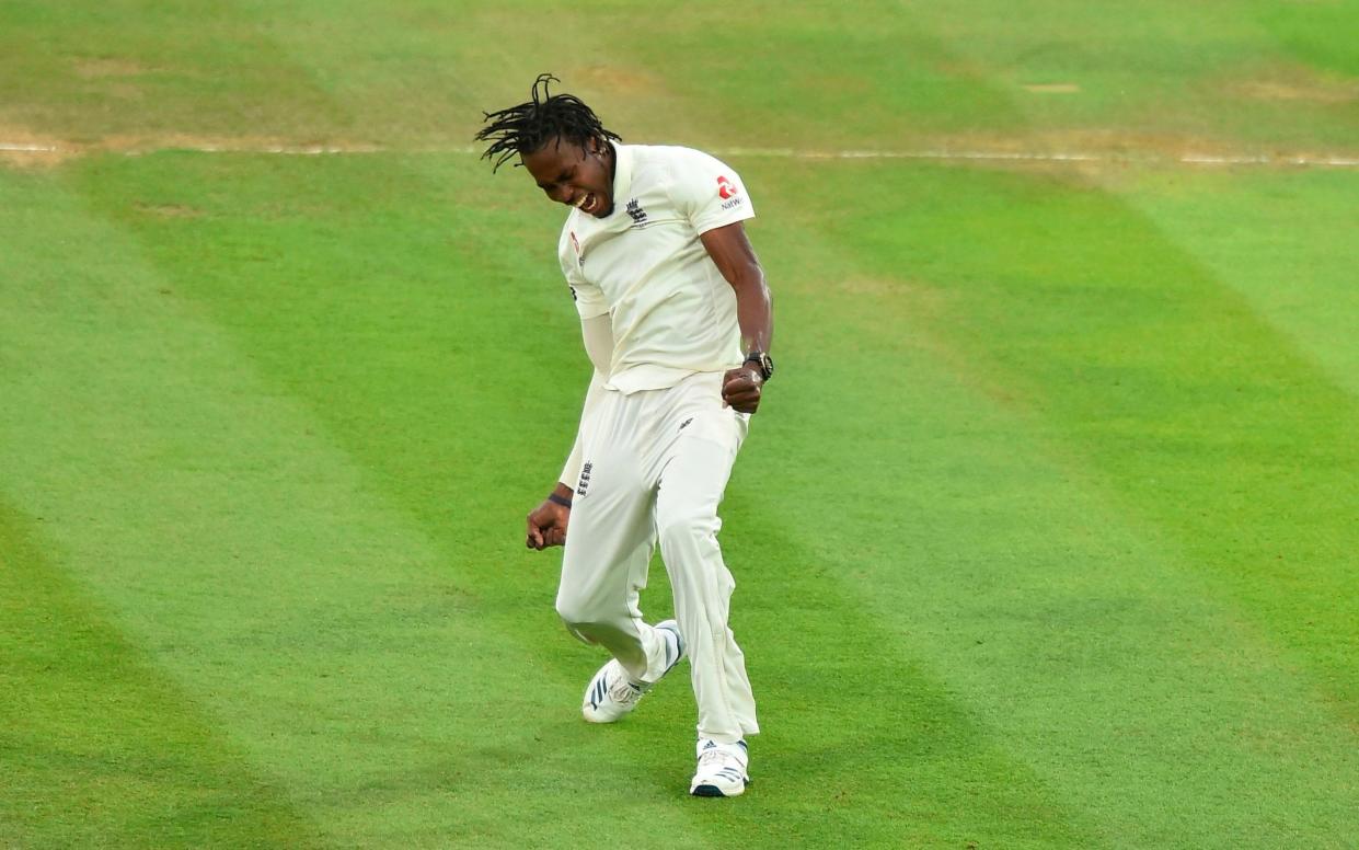 England's Jofra Archer celebrates taking the wicket of Australia's Cameron Bancroft lbw on the third day of the second Ashes cricket Test match between England and Australia at Lord's Cricket Ground in London on August 16, 2019