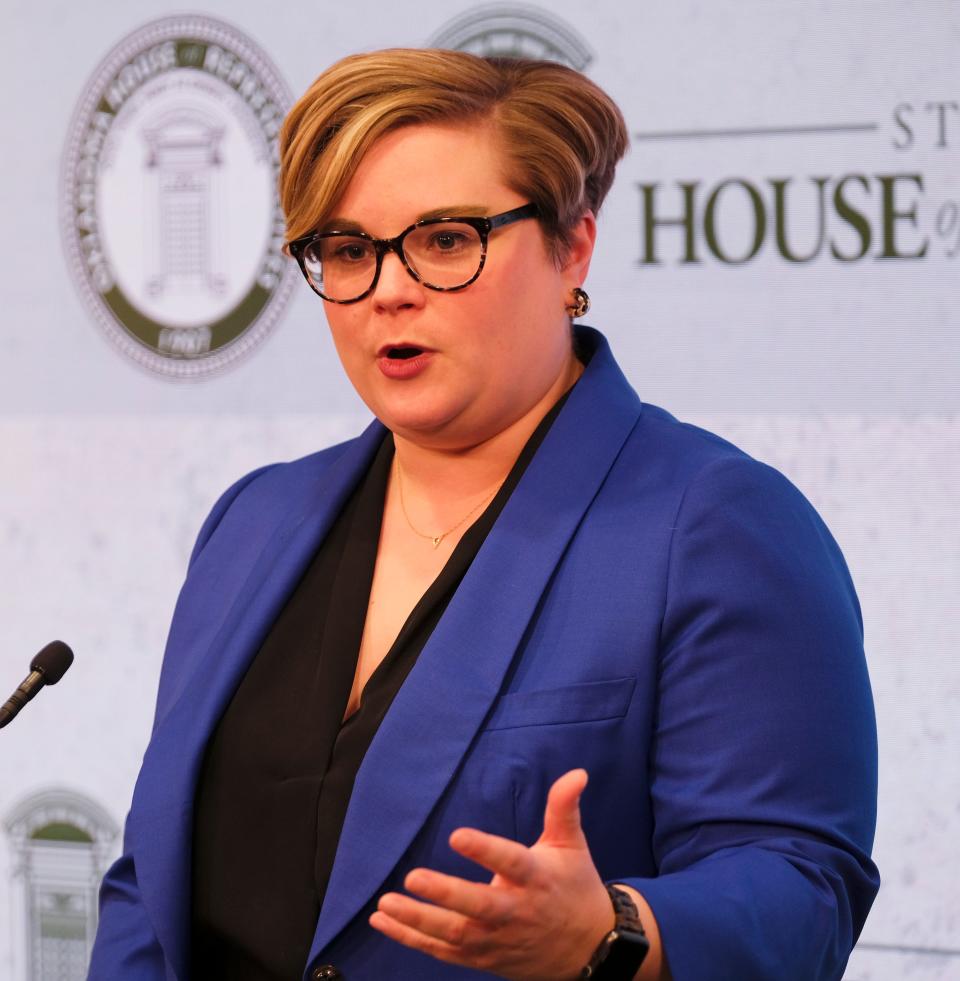 Rep. Emily Virgin, the House Minority Leader, gives the House Democrats response to Oklahoma Gov. Kevin Stitt State of the State address to a joint session of the legislature, Monday, February 7, 2022. 