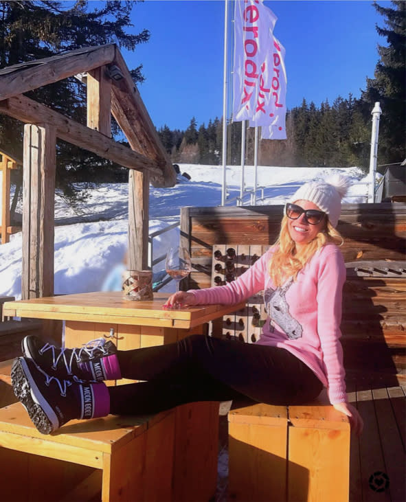 Christy Osborne, pictured in Switzerland in 2018, had a luxurious lifestyle but used alcohol to the numb the pain she was feeling. (Supplied)
