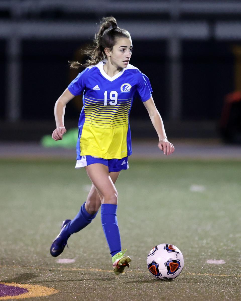 Mariemont midfielder Maddy Murphy moves up the field in the regional final game between Waynesville and Mariemont high schools at Bellbrook High School Nov. 6, 2021.