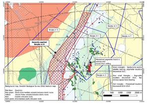 Bergby Lithium Project - Pegmatite Boulder Trains relative to applied for exploration permit