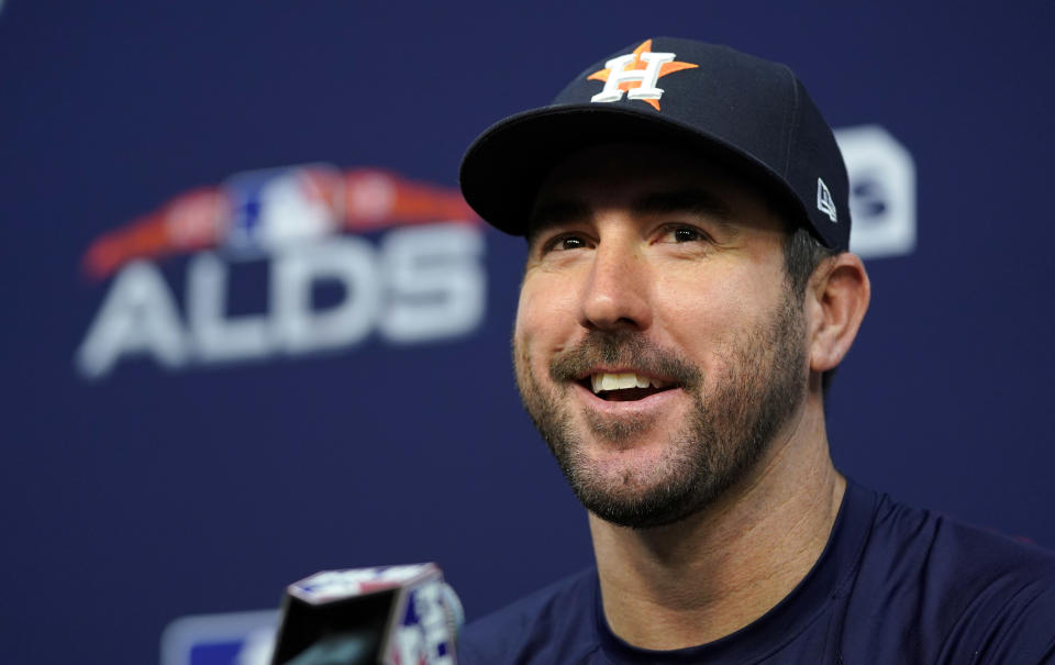 Houston Astros starting pitcher Justin Verlander answers a question during a baseball news conference Thursday, Oct. 4, 2018, in Houston. The Astros play the Cleveland Indians in Game 1 of the American League Division Series on Friday. (AP Photo/David J. Phillip)