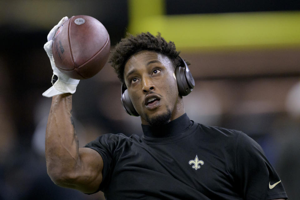 Oct 1, 2023; New Orleans, Louisiana, USA; New Orleans Saints wide receiver Michael Thomas (13) warms up before a game against the Tampa Bay Buccaneers at the Caesars Superdome. Mandatory Credit: Matthew Hinton-USA TODAY Sports