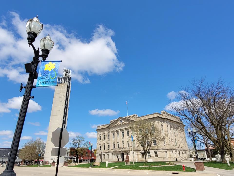 Downtown Jefferson with its famous belltower. It's a pass-through town on Day 3 of RAGBRAI's 50th anniversary ride.